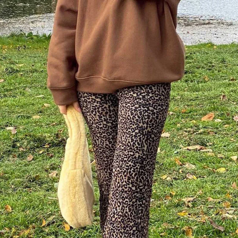 Hoezhou Y2K Leopard Flare Spodnie Kobiety E Girl Streetwear Wysokiej Talii Skinny Joggers Spodnie Dwuwarstwowa Warstwa Estetyczne Samice Spodnie dresowe Q0801