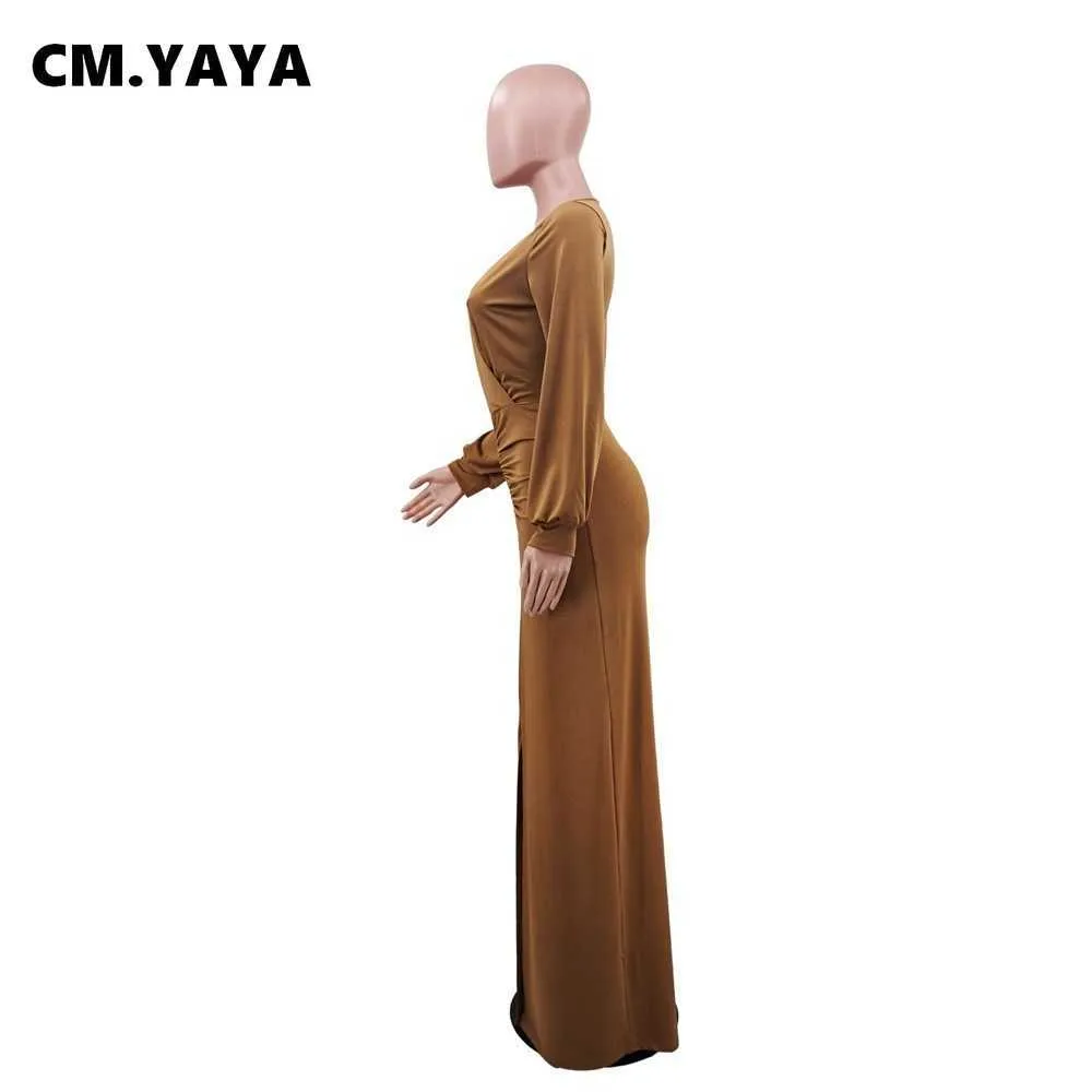 Cm.yaya kvinnor lång klänning solid full ärm v-nacke strechy maxi golv längd klänningar mode vintage party vestidos sommar outfit 210915