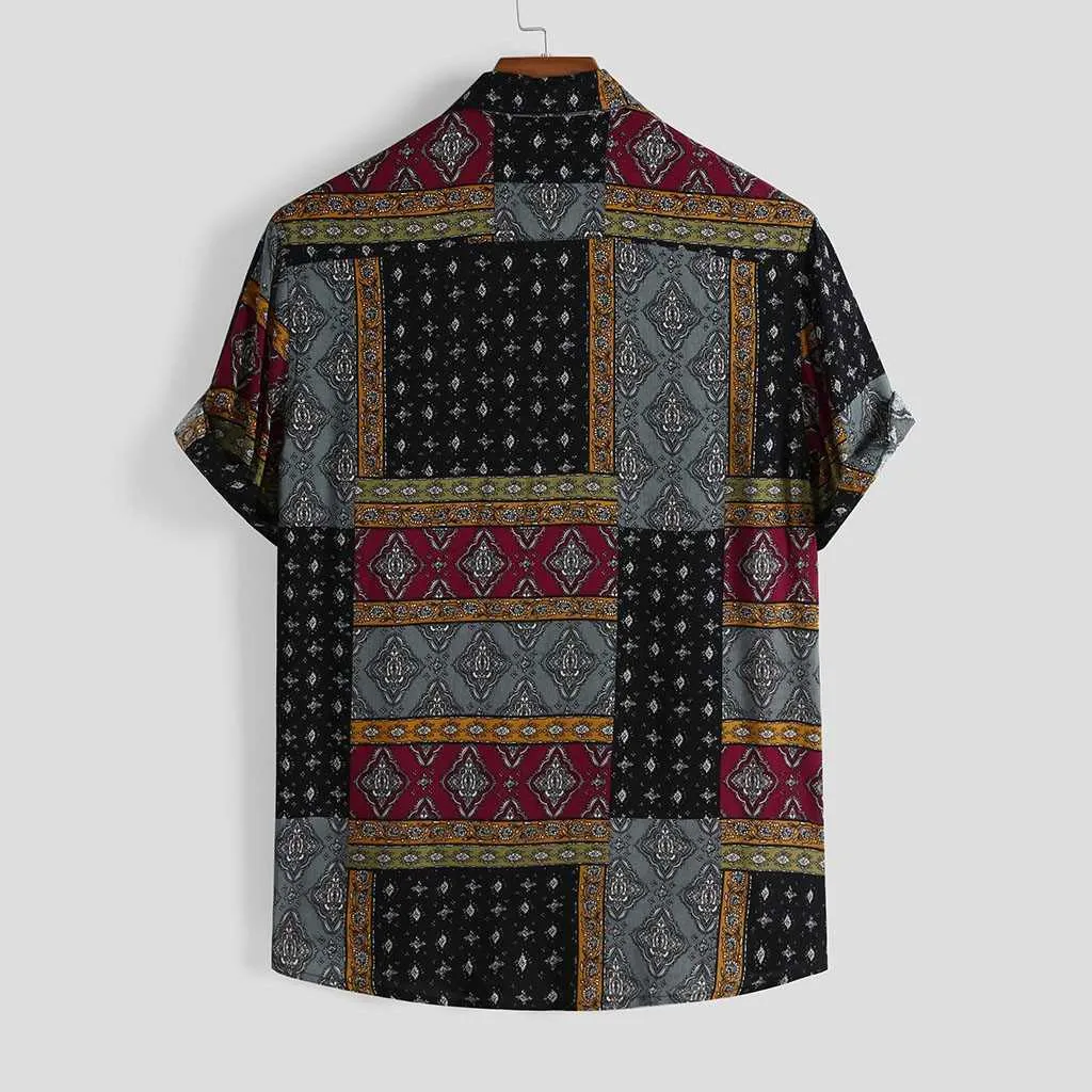 Männer Hemden Ethnisch Gedruckt Urlaub Casual Kurzarm Hawaiana Hemden Vintage Männer 210527