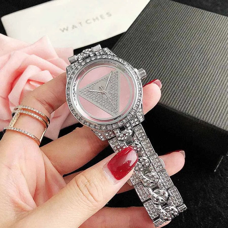 Marca relógios feminino menina diamante cristal triângulo ponto de interrogação estilo metal banda aço quartzo relógio pulso gs 43255o