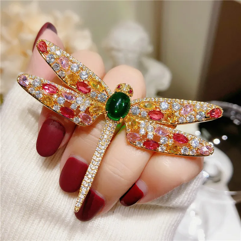 Dragonfly Brooch Women's Super Flash Pin Green Chalcedony Texture Colorful Zircon Corsage Temperament Coat Sweater Accessories