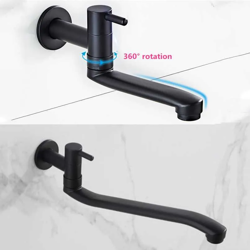 G1/2 European Stainless Steel Lengthen Mop Pool Faucet Black Baking Paint Single Cold Kitchen Tap 360 Rotation Balcony Bibcock 210724