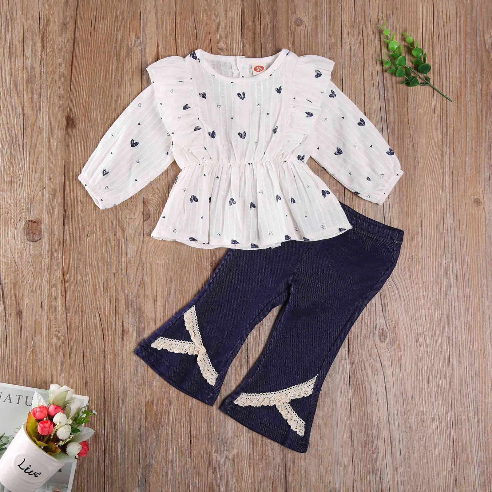 0-3 anni primavera autunno bambino neonato bambino bambina vestiti set cuore volant manica lunga top flare pantaloni jeans abiti 210515