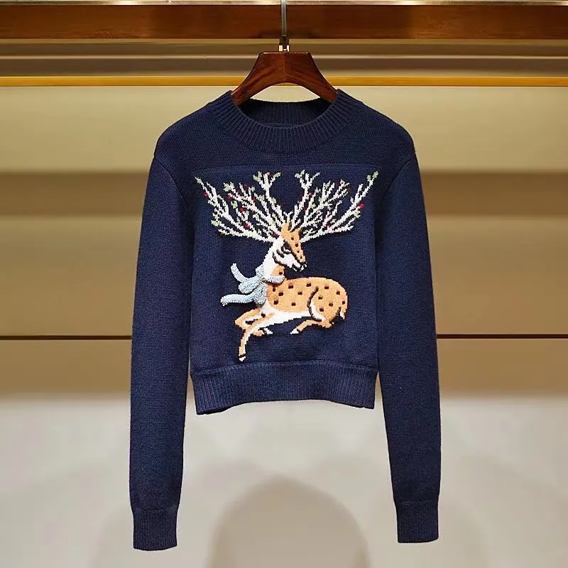 2021 Autumn Fall Long Sleeve Round Neck Blue Deer Woolen Knitted Beaded Pullover Style Knitted Tees Women Fashion Knits Tops G1211010