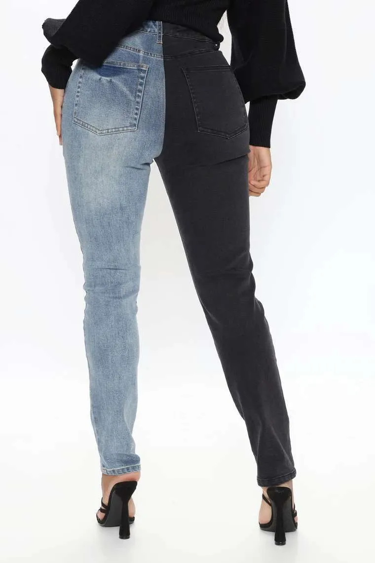 Satış Siyah Mavi Kontrast Renk Kadınlar için Yüksek Bel Kot Moda Delik Streç Denim Kalem Pantolon Hipster Pantolon