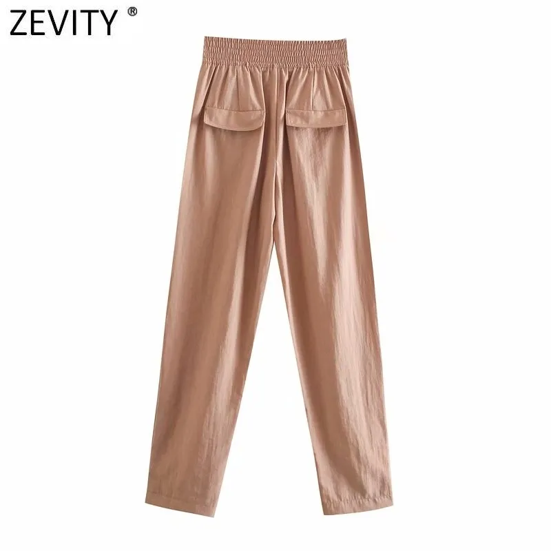 Femmes Vintage Couleur Solide Élastique Taille Haute Casual Slim Safari Style Pantalon Rétro Femelle Chic Cargo Long Pantalon P1012 210416