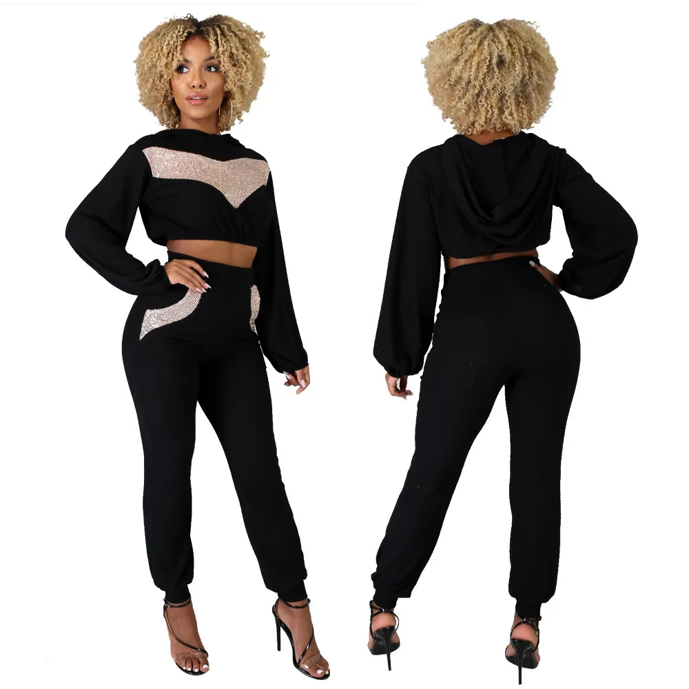 Shinny Patchwork Cool Girl Survêtement Femme Lounge Wear 2 pièces Tenues Crop Top Baggy Pantalon Pantalon Streetwear 210525