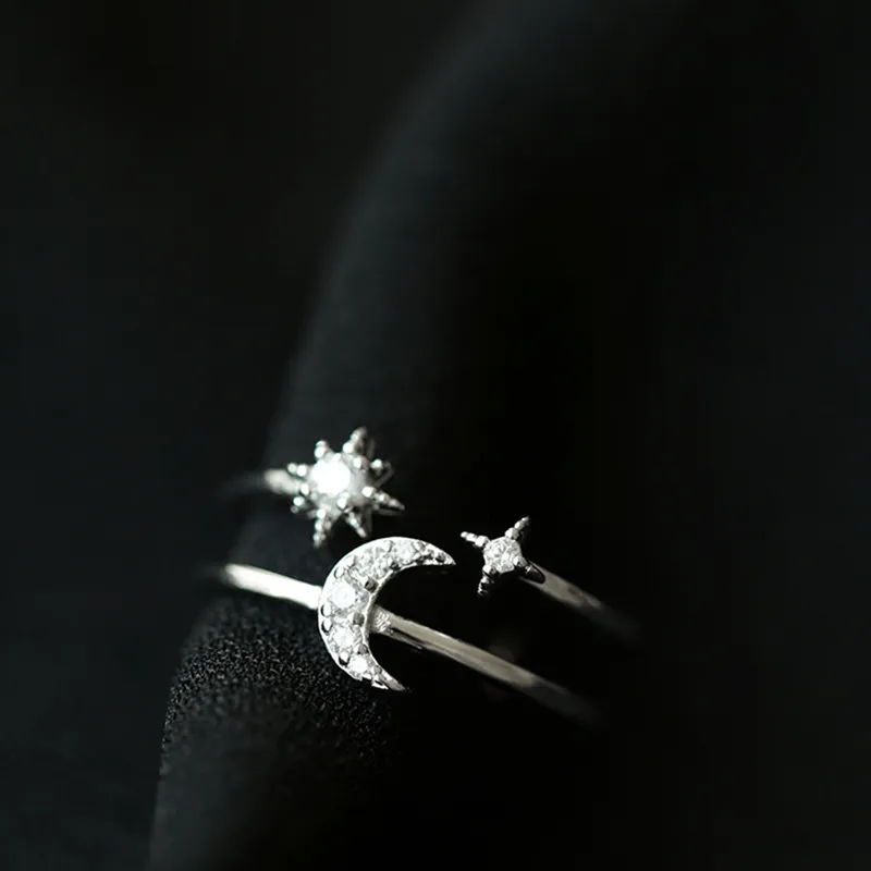 Sterling Silver Sweet Double Layer Star Moon Opening Ring For Women Finger Rings Wedding Jewelry S-R798