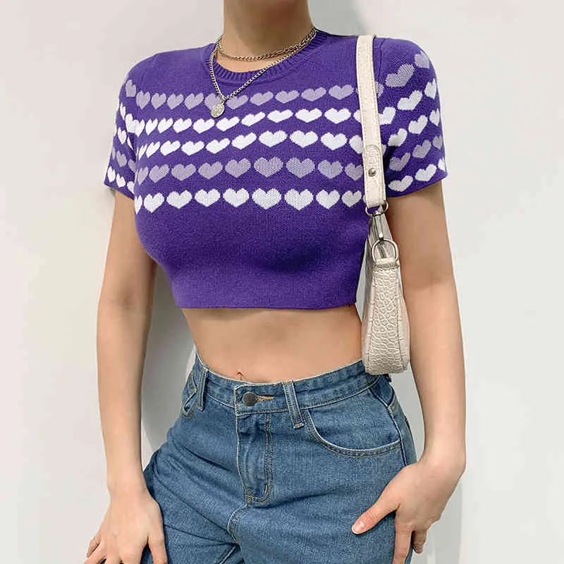 Kawaii Heart Print Y2K Knit Koszulki Dla Dziewczyn z krótkim rękawem Kobiet Summer O-Neck Slim Crop Top Stretch Soft Tee Koszula 210510