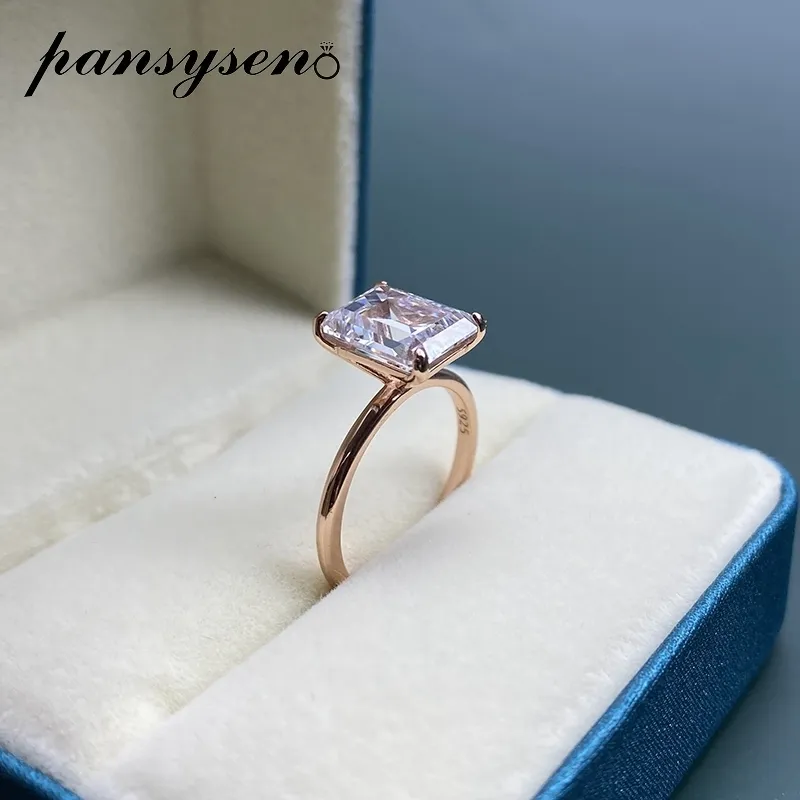 PANSYSEN Blanc / Jaune / Or Rose Couleur Luxe 8x10MM Taille Émeraude AAA Zircon Anneaux pour Femmes 100% 925 Sterling Silver Fine Jewelry 220211