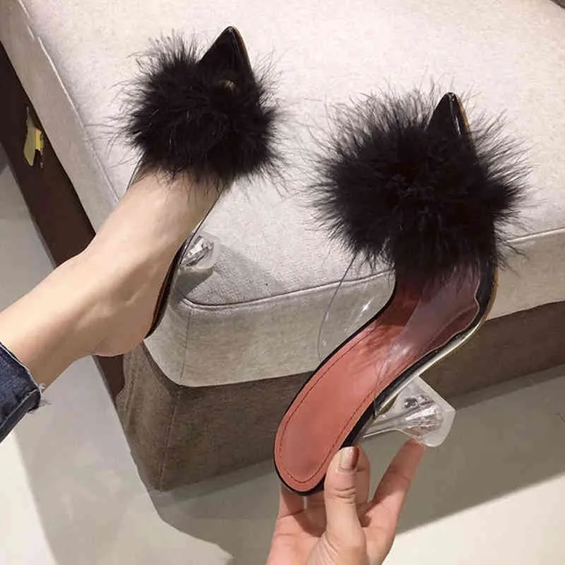 夏の女性のパンプス PVC 透明羽パースペックスクリスタルハイヒール毛皮のぞき見つま先ミュールスリッパレディーススライド靴サイズ 35-43 Y0406