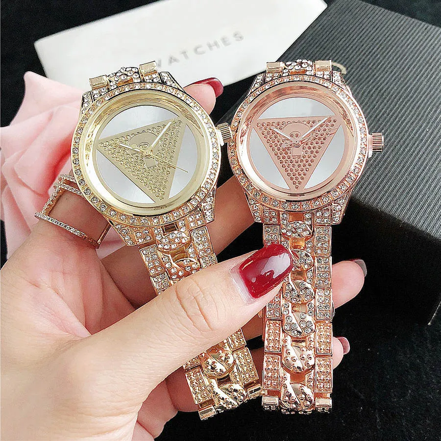 Marque montres femmes fille diamant cristal Triangle point d'interrogation Style métal acier bande Quartz montre-bracelet GS 43301K