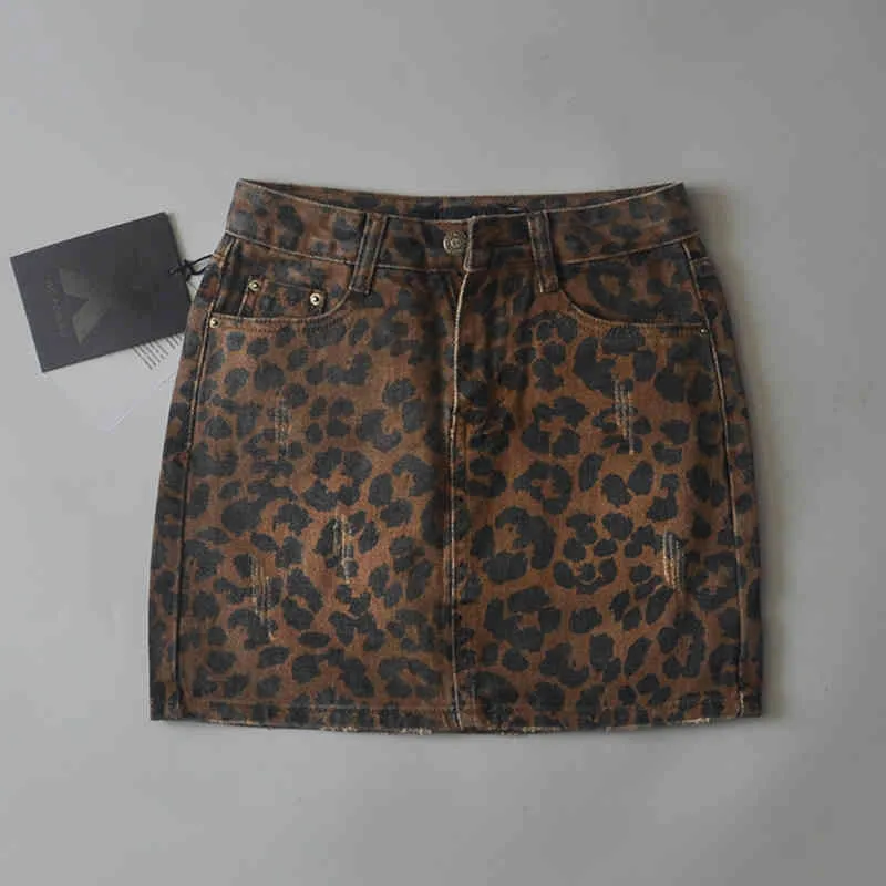 Сексуальный разорванный леопардовый печать юбки женщин мини джинсовая юбка уличная одежда карандаш высокая талия юбка Faldas Mujer Moda 210412