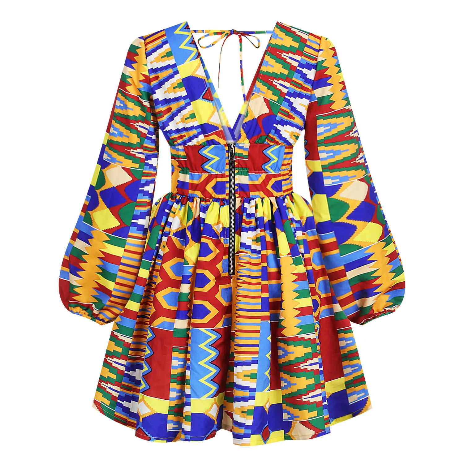 アフリカのプリントドレス女性のファッション長袖プリーツバックレススイングドレスレースアップニーレングス大型女性女性210416