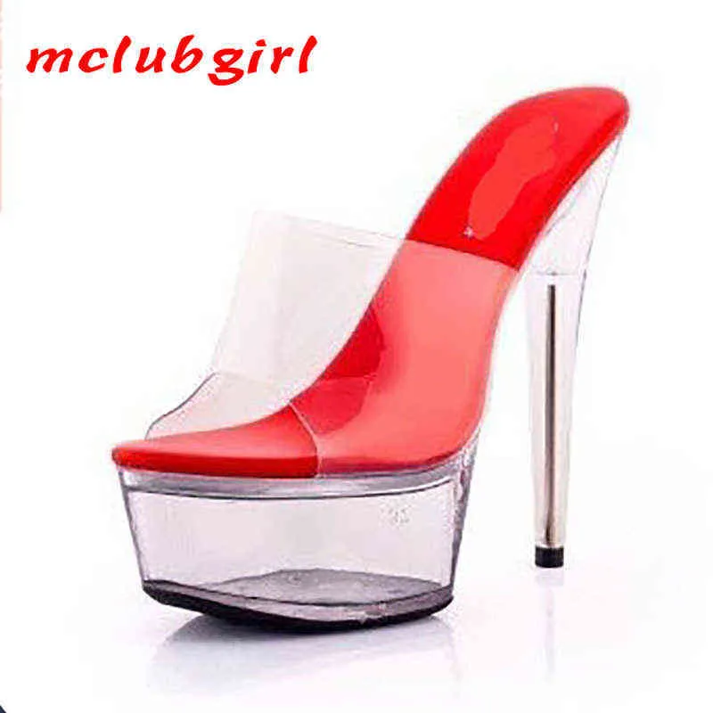 Sandalet McLUBGIRL 34-43 Yaz Seksi Süper Yüksek Topuklu 15 cm Stiletto Su Geçirmez Platformu Sandalet Şeffaf Kristal Düğün Ayakkabı LFD 220121