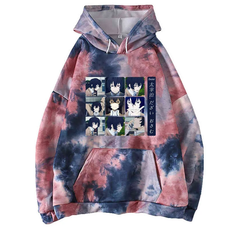 Mężczyźni Kobiety Anime Odzież Bungo Bezprzynarki Psy Druku Kapturem Z Kapturem Dazai Z Długim Rękawem Z Kapturem Moda Dye Dye Bluza Bluzy H1227