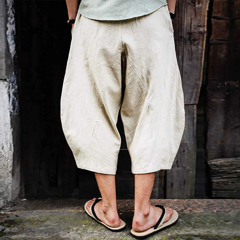 Homens 3/4 de algodão linho shorts folga solta em forma de verão casual calças de carga capri cor sólida suave conforto x0705