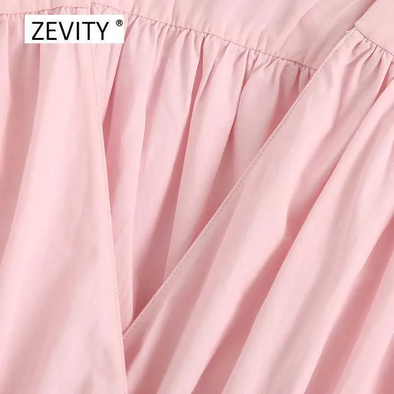女性甘いVネック裾の弓縛られたピンクのポプリンブラウスレディースノースリーブプリーツシックなシャツカジュアルスリムフェミニナストップスLS6811 210603