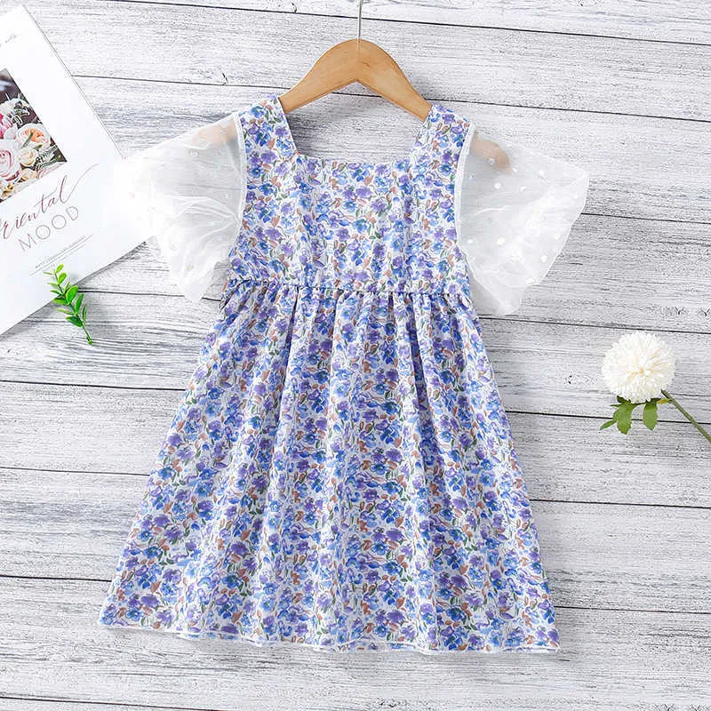 Kinder Mädchen Blumen Puffärmel A-Linie Kleid für Kinder Schöne Blumen Sommer Sommerkleid Baumwollkleidung 210529