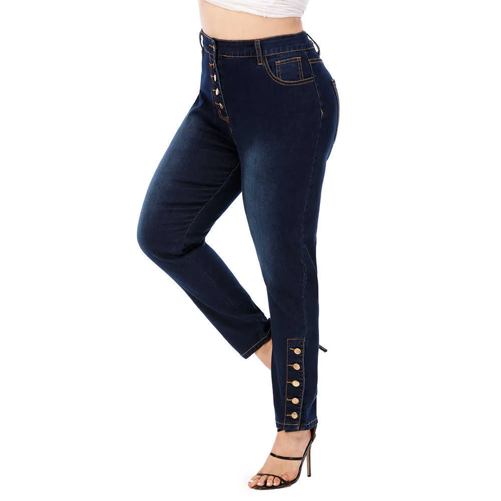 5XL Plus Taille Jeans Femme Taille Haute Pantalon Poche Bouton Maman Femme Skinny Pantalon Élastique Denim Crayon Stretch 210629