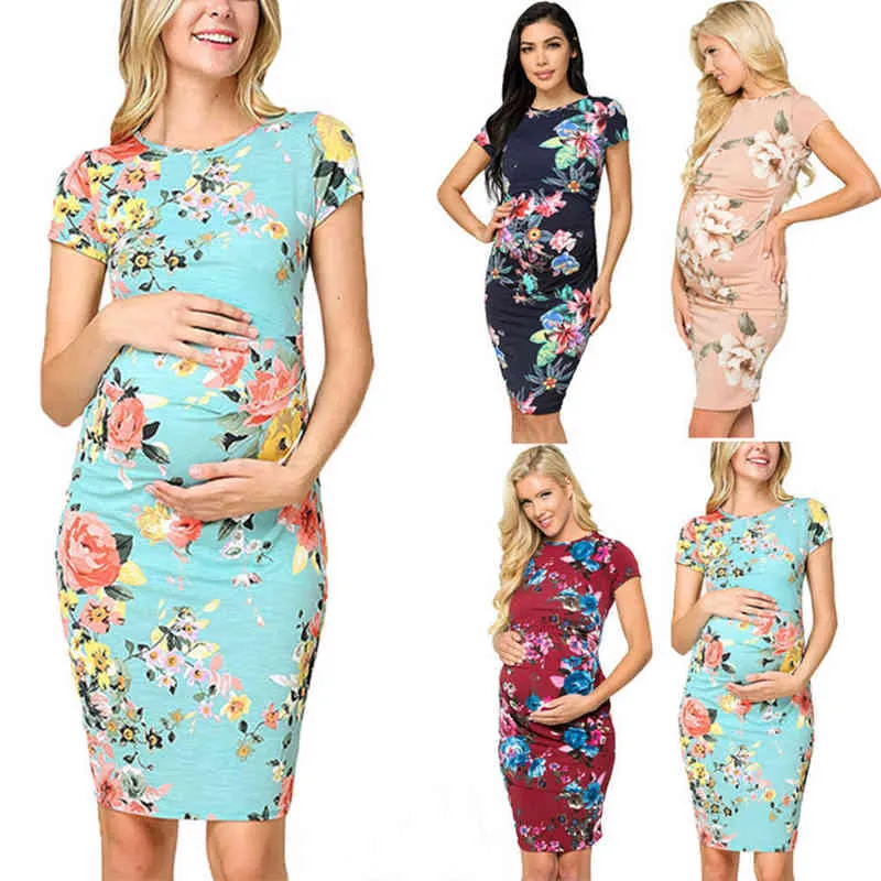 2019 새로운 스타일 임신 한 여성 스커트 짧은 소매 크림프 인쇄 섹시한 패션 드레스 옷 G220309