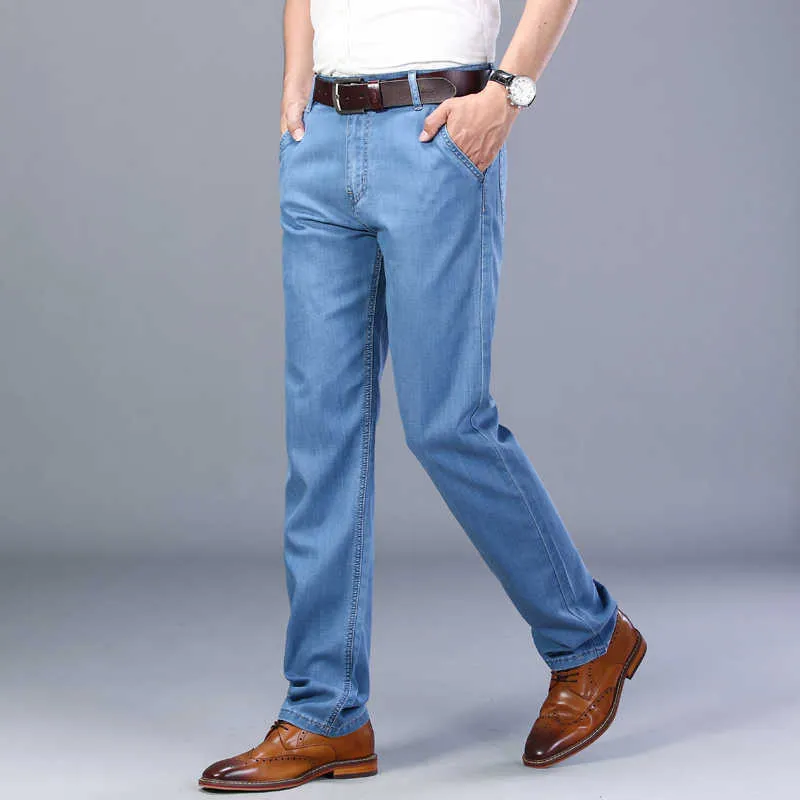 printemps été classique marque affaires décontracté hommes droite mince denim jeans de haute qualité Lyocell stretch léger 210716