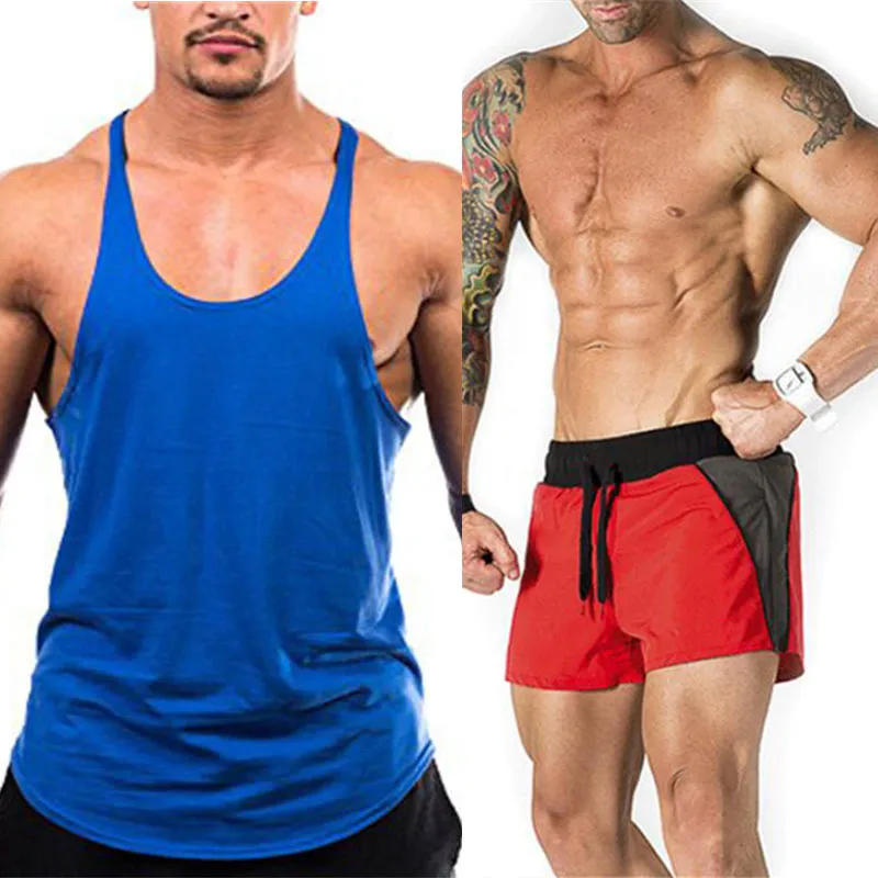 Nouveau Ensembles Plain Gym Vêtements Fitness Survêtement Hommes Bodybuilding Stringer Débardeur + Shorts Hommes Jogging Survêtement 210421