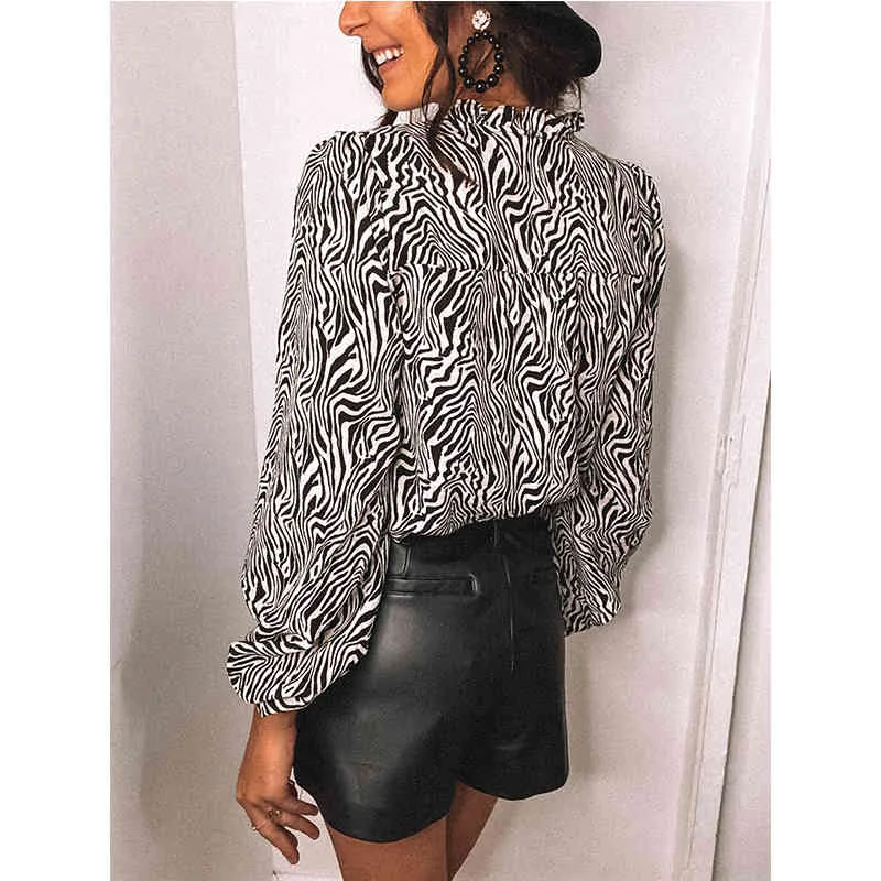 Vêtements de travail Chemise pour femmes Sexy à manches longues Chemisier imprimé zèbre 2021 Printemps Été Casual Top Blouse Femme Streetwear Blouse en dentelle X0521