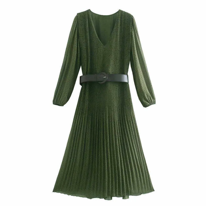 ZA Ceinture Imprimer Midi Robe Verte Femmes Vintage Longue Manches Longues Plissée Bureau Dame Robes Femme Chic Élégant Long Robe 210602