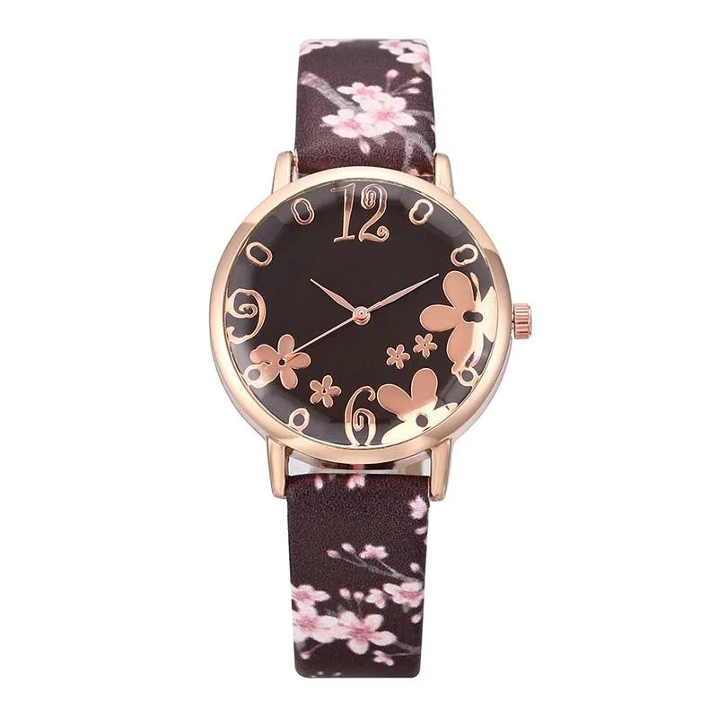 Relógios de pulso mulheres relógio de quartzo mostrador floral com impressão pu pulseira de couro m8694189m