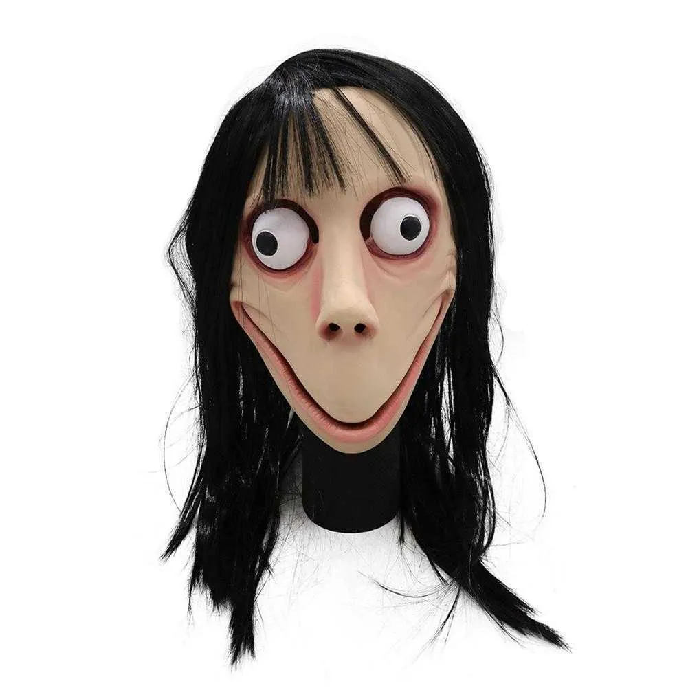 Zabawna przerażająca gra hakująca maska ​​cosplay dla dorosłych pełna głowa Halloween Ghost Momo lateksowa maska ​​z perukami duże oczy i długie peruki Y09135711059