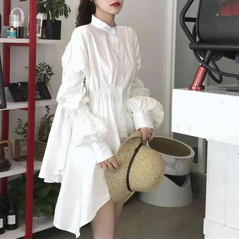 Ezgaga Streetwear printemps mode irrégulière Mini robe femmes solide simple boutonnage lâche coréen mode robes Vestidos 210430
