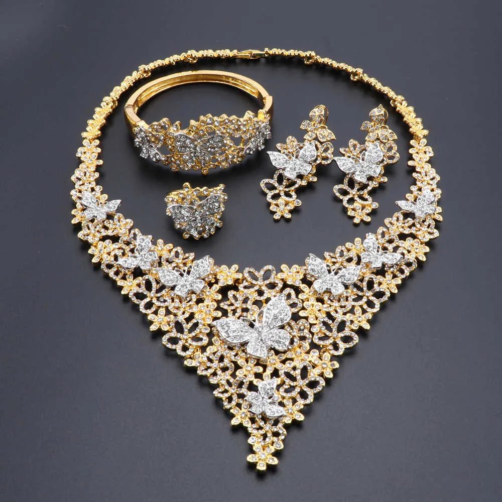 Dubai Gold Color Fashion Bridal Wedding Indian Jewelry Set Necklace Bracelet Earrings Ring for Women African Jewelry Sets H1022