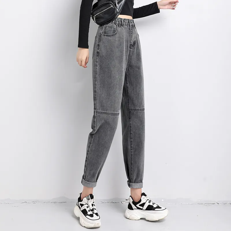 Mode femmes automne Chic bureau dame Denim pantalon jean Vintage taille haute ample avec gris bleu 10736 210518