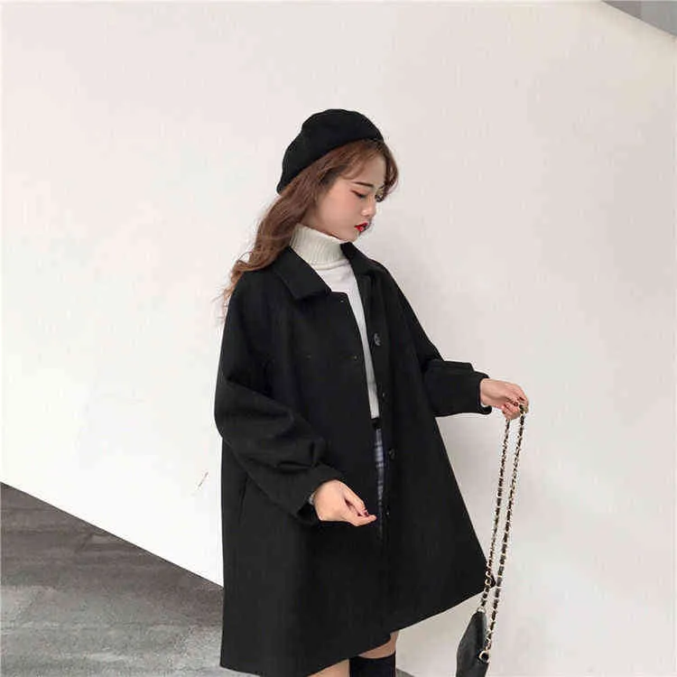 Autumn Winter Classic Women Overcoats Casual Lapel Single-breasted Loose Wool Coats Vintage Long Sleeve Chic Female Outwear 211110