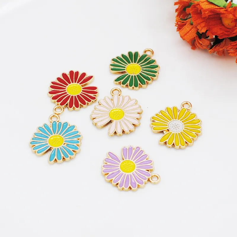 Whole Yellow Blue Pink Enamel Daisy Flower Charms For Bracelet Earring Necklace Pendants Alloy Jewelry Making Findings275n