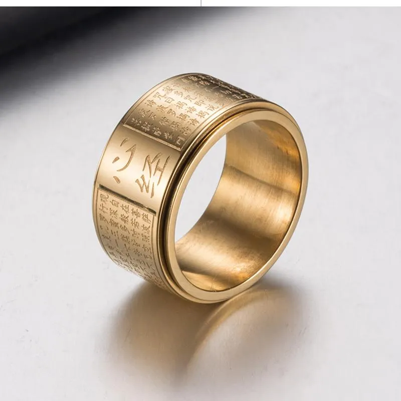 Cluster Rings Men Spinner Ring 12mm Vintage Chinese Heart Sutra Engraved Buddhist For Gold Silver Color Titanium Steel Finger Jewe264C