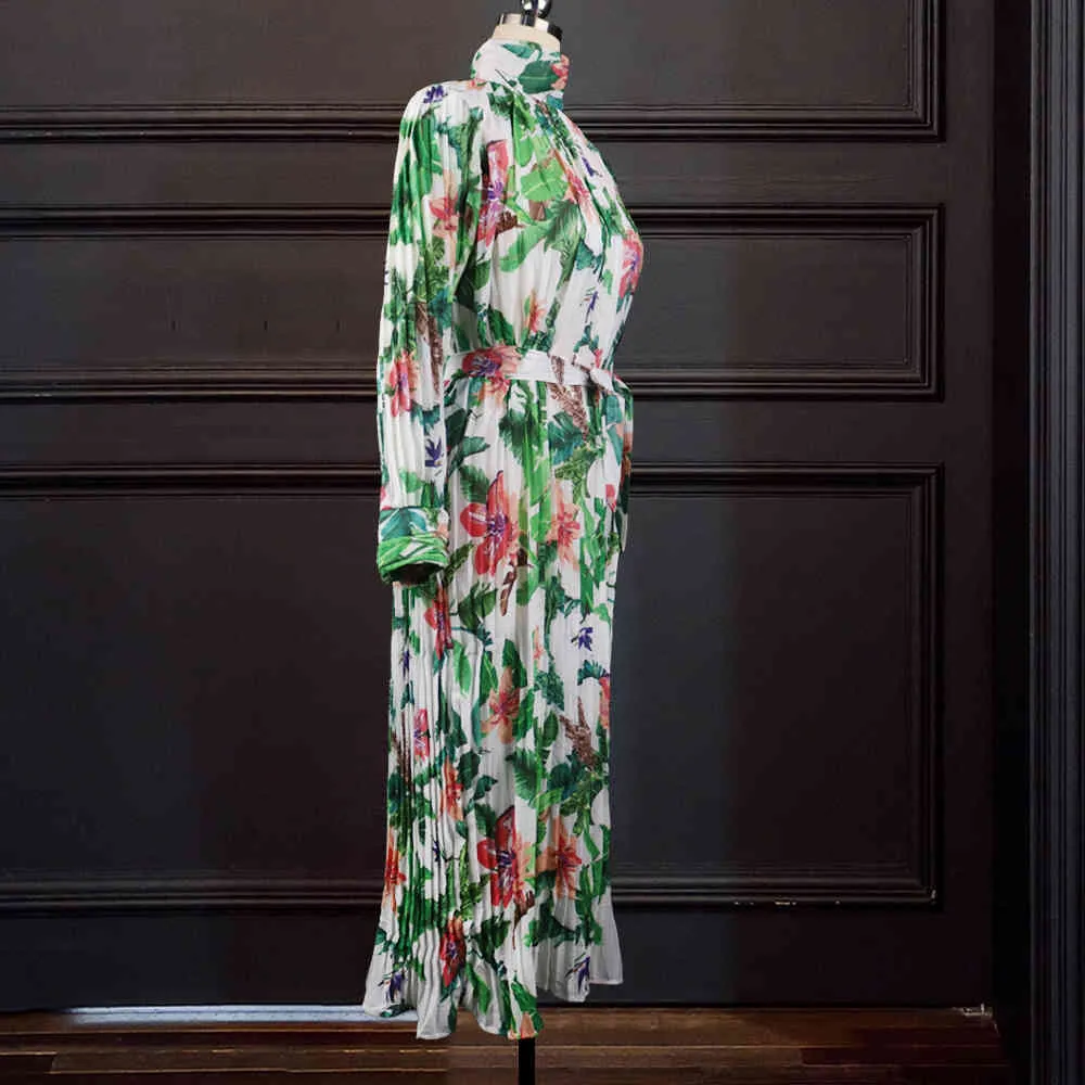 女性のプリントドレス花長袖プリーツハーフハイカラーと腰ベルトエレガントなオフィスレディースワークウェアクラマローブ210416