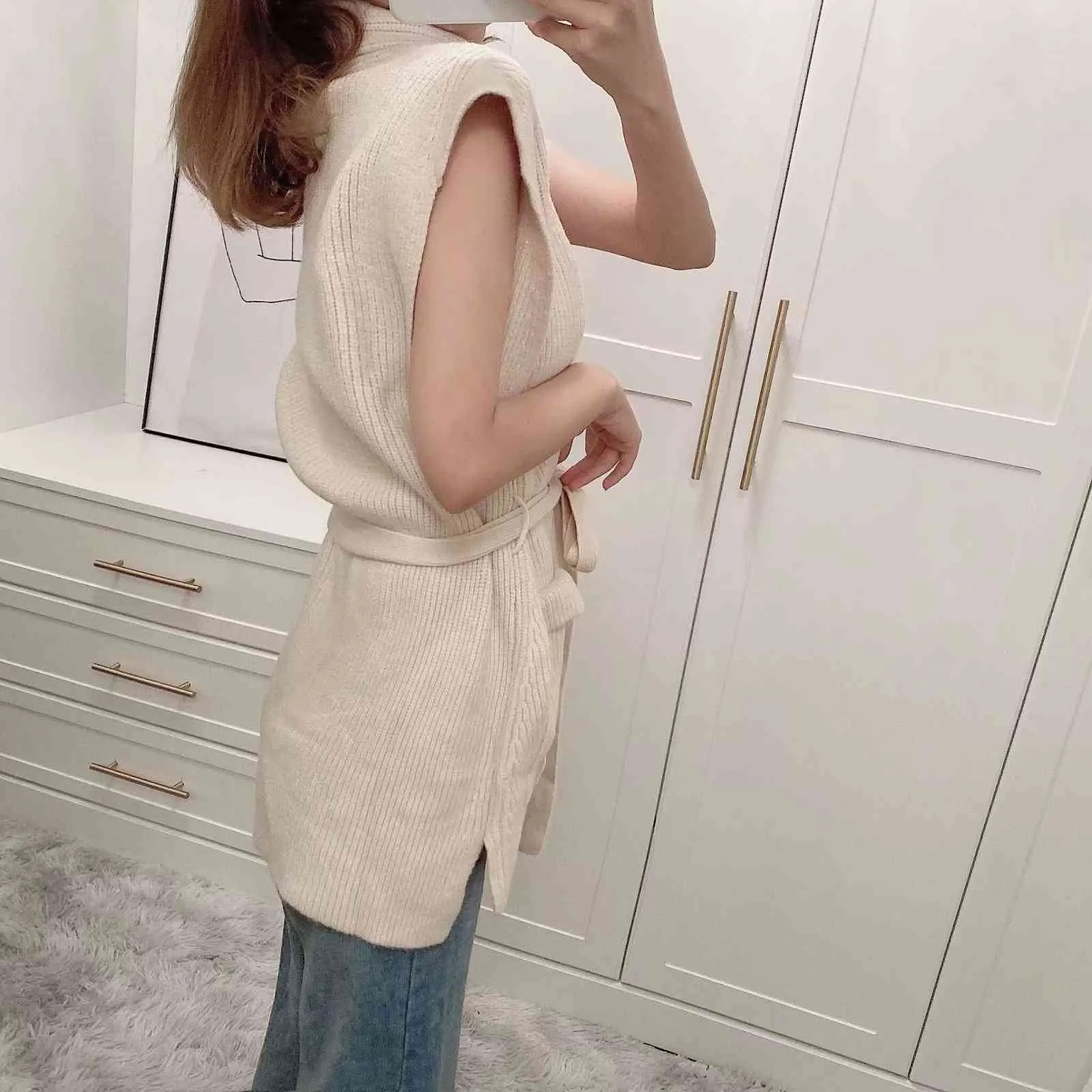 Streetwear Women Solid Sweater Cardigan Elegant Ladies Pocket Causal Female Slim Vest With Belt Girls Chic Sets 210427