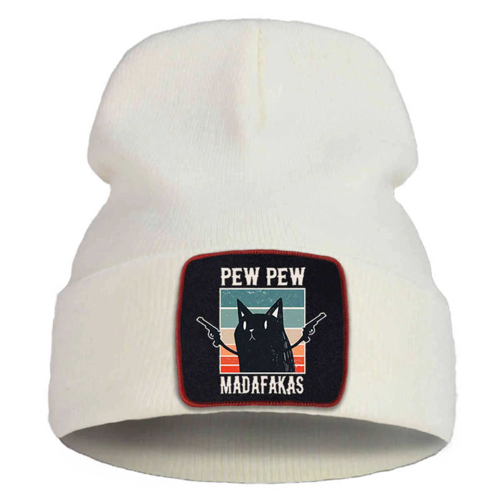 Pew Madafaka Funny Cat Beanie Chapeaux Coton Street Chaud Tricoté Caps Outdoor Street Brimless Hat Cartoon Pliable Hedging Cap Y21111