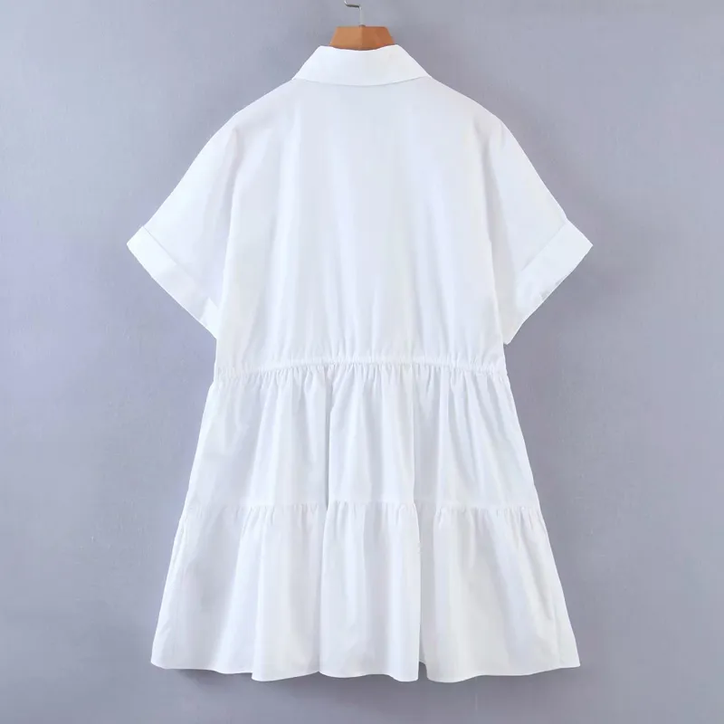 Mulheres Verão Branco Mini Camisas Vestido De Manga Curta Drawstring Laço Laço Feminino Moda Doce Vestidos Vestidos 210513