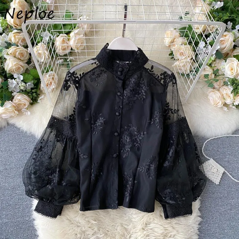 Elegant Lace Flower Embroidery Blouse Women Stand Collar Puff Long Sleeve Loose Blusas Spring Shirt Feminino 210422