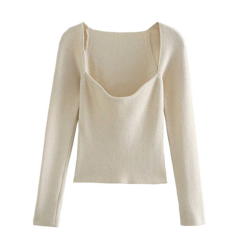 Stilvolle schicke beige gestrickte abgeschnittene Blusen Damenmode Sexy Quadratkragenhemden Mädchen Streetwear Casual Tops 210719