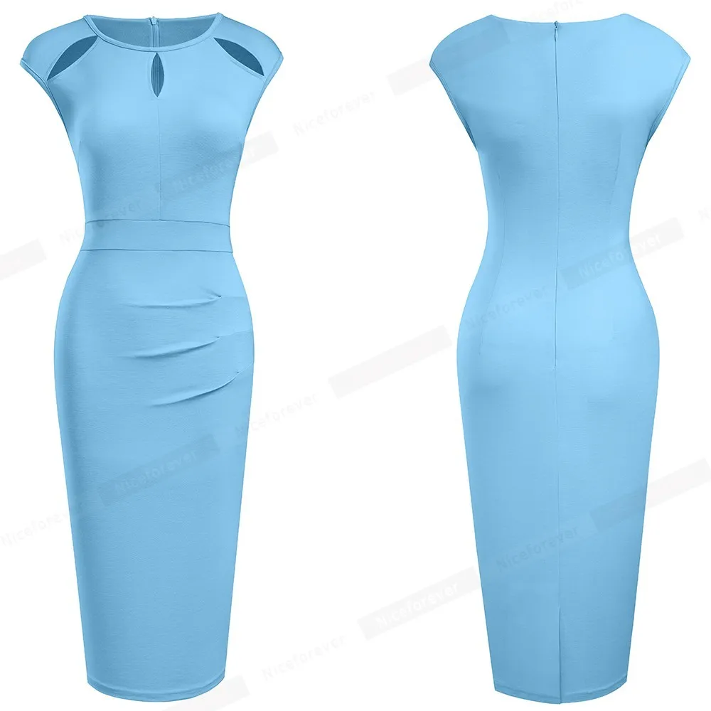 Nice-Forever Summer Women Elegant Hollow Out Work Dresses Business Formal Party Bodycon Slim Dress B624 210419