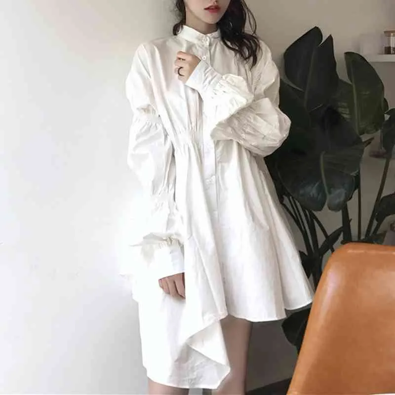 Ezgaga Streetwear printemps mode irrégulière Mini robe femmes solide simple boutonnage lâche coréen mode robes Vestidos 210430