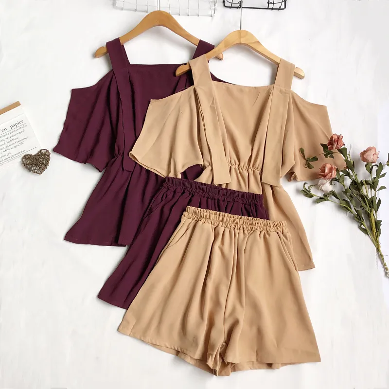 Summer Women Casual Shorts Two Piece Set Square Collar Ruffled Tops and High Waist Loose 210423