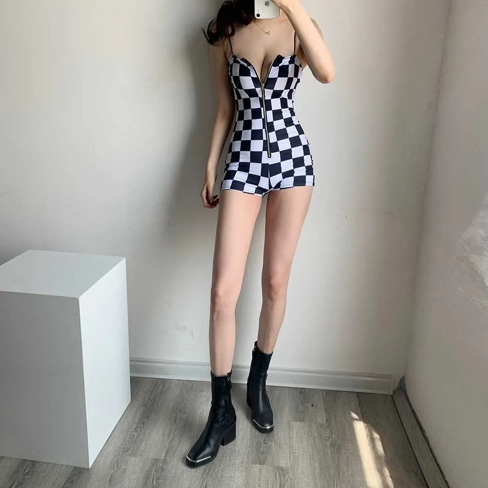 WOMENGAGA Super Sexy Cina Ragazza Tracolla Femminile Carro Armato Plaid Cerniera Tute Corea Pagliaccetto Estate SODT 210603