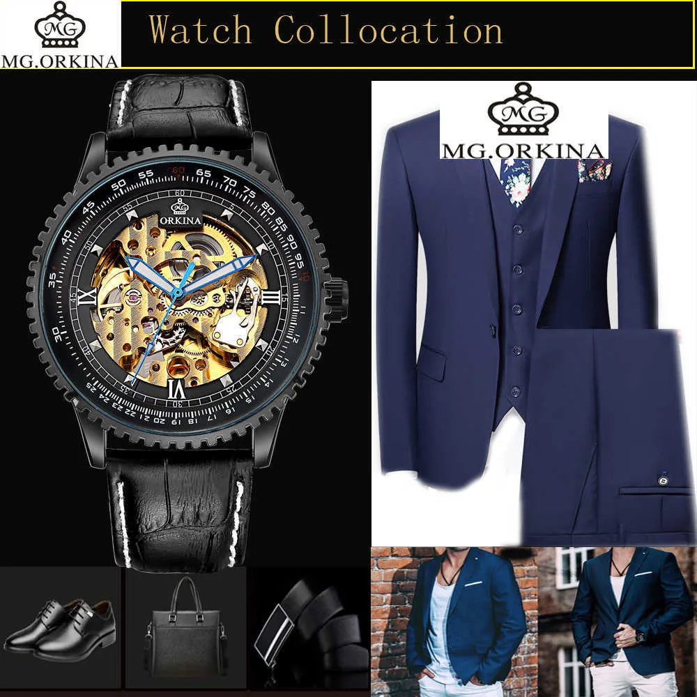 ORKINA автоматические механические часы со скелетоном с большим циферблатом мужские черные кожаные ремешки мужские наручные часы мужские часы Relogio Masculino 21072973