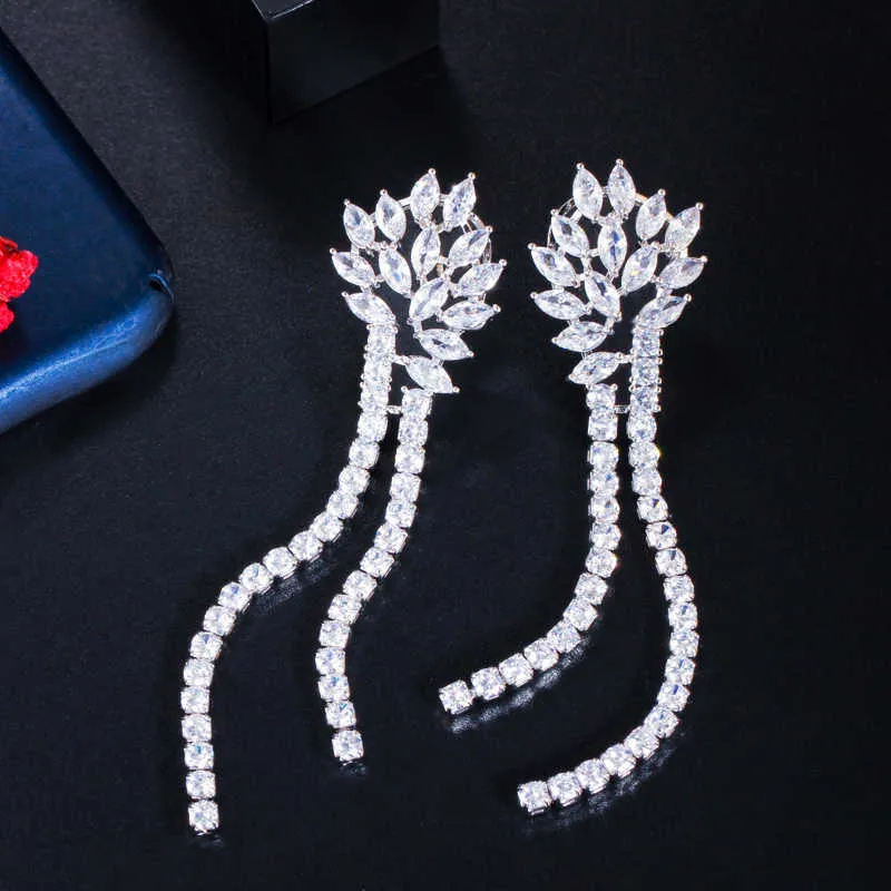 Sparkling White Cubic Zircon Long Dangle Tassel Drop Earrings Dubai Indian Gold Color Women Wedding Jewelry CZ777 210714