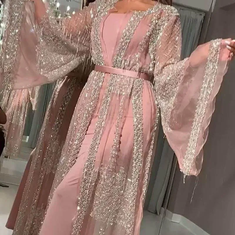 Vêtements ethniques Abaya Dubai Muslim Dress Luxury Luxury Class Sequins broderie Lace Ramadan Kaftan Islam Kimono Femmes Black Maxi 20234U